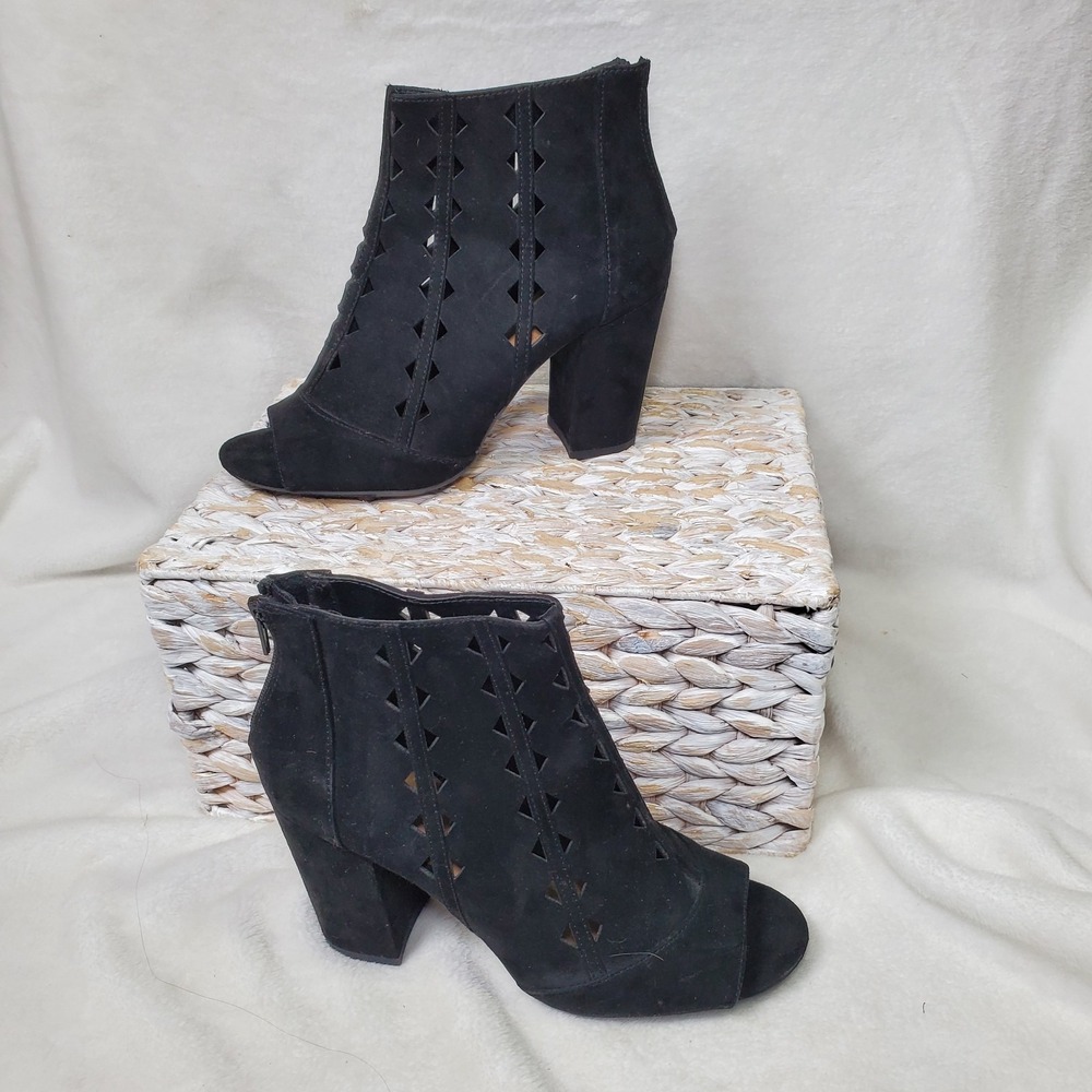 BRASH‎ Whimsigoth Ankle Boots Black Back Zip Boho Cottage Heels Cut Outs Sz  8